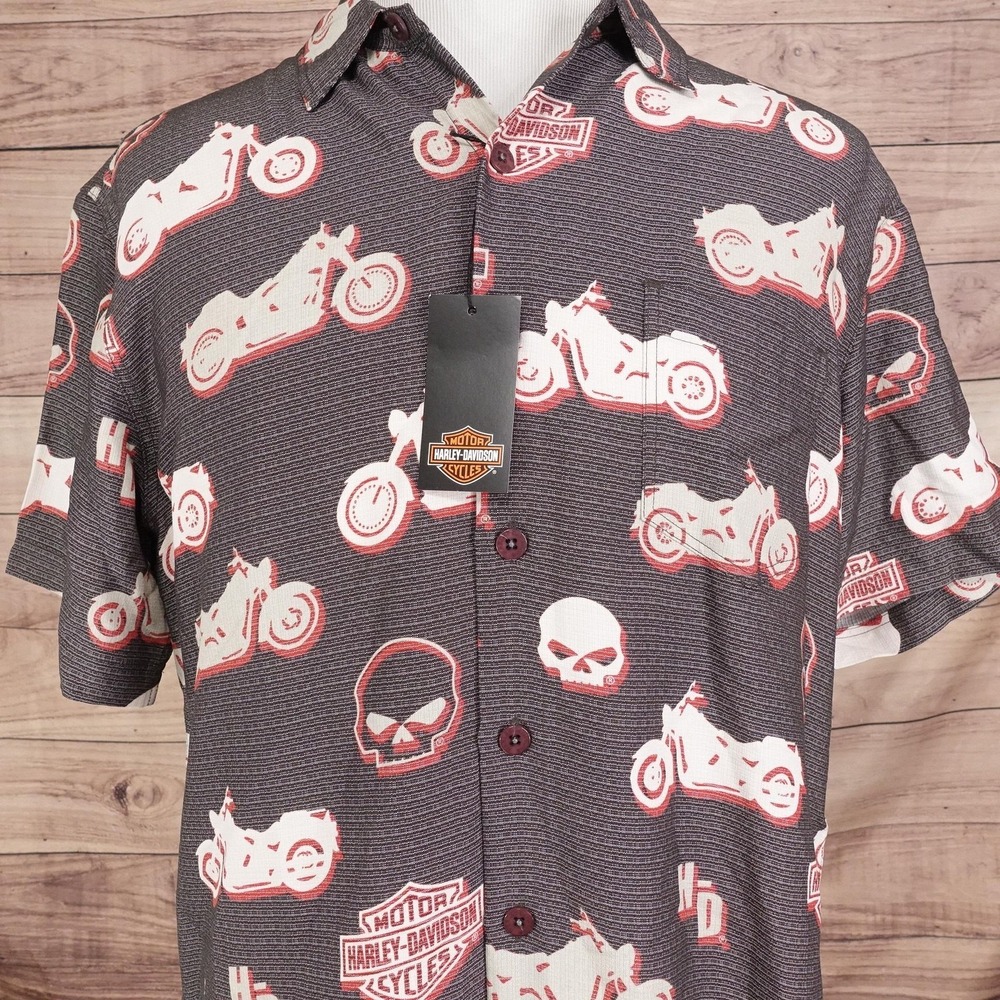 Harley-Davidson Shirt Mens L Black Motorcycle Hawaiian Short Sleeve Button-Up